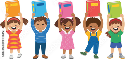 Cartoon children holding colorful books above heads, happy kids illustration, education concept, learning symbol, vector art, isolated white background