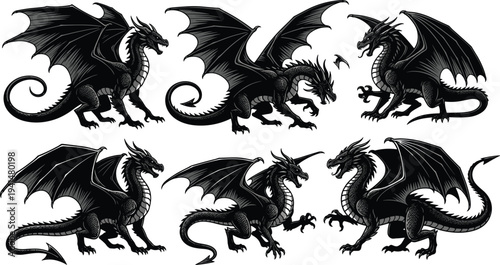 Dragon silhouettes collection, six fierce mythical creatures, vector fantasy illustration, standing, roaring, crouching, attacking poses, powerful wings, claws, spiked tails, magic concept