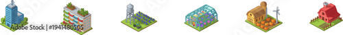 Isometric vector collection of various city and farm buildings
