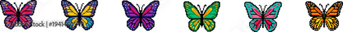Set of colorful pixel art butterfly icons with various patterns.