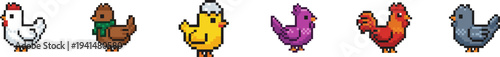Set of colorful pixel art chicken and rooster icons vector.