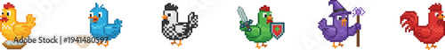 Set of colorful pixel art chicken and rooster characters vector.