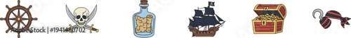 Set of pirate and nautical adventure icons vector.