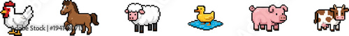 Set of cute pixel art farm animal characters on white background.