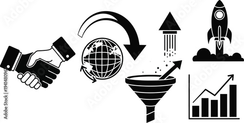 A sequence of symbols shows a business process flow involving a handshake, global exchange, funneling data, and a successful rocket launch indicating startup success.