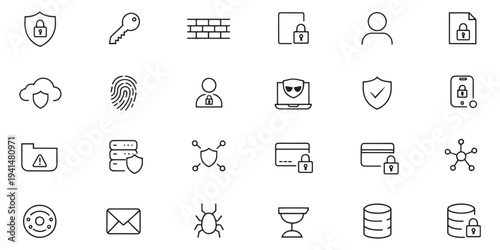 Minimalist icons for cybersecurity and data protection concepts