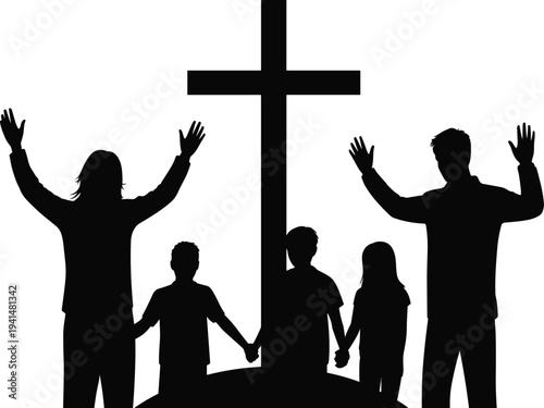 Christian family silhouette, worship at cross vector, faith unity illustration, religious devotion graphic, spiritual community clipart, church prayer design icon