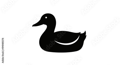 A simple black silhouette of a duck with a white eye, depicted against a plain white background.