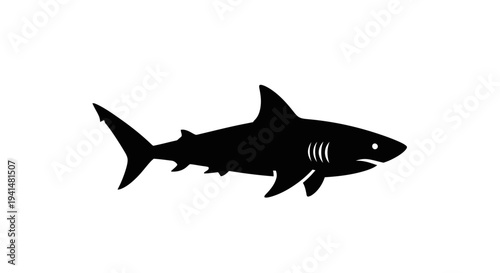 Black silhouette of a shark swimming, depicted in a simple graphic style against a plain white background.