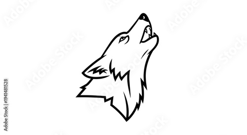 Stylized black and white line art drawing of a wolf's head howling upwards, depicted in a minimalist and graphic style.