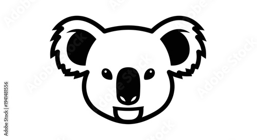 A simple black and white line art illustration of a cute koala head with a smiling face.