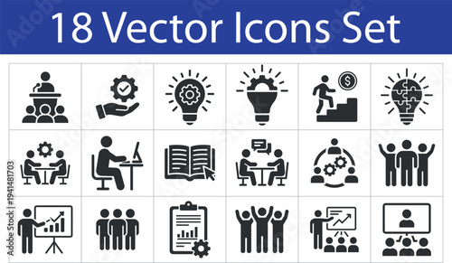 Business management solid icons set. Collection of presentation, productivity, online training, team collaboration, report analysis, workflow, leadership and corporate success symbols.