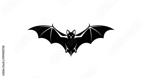 A striking black silhouette of a bat with outstretched wings and glowing white eyes, isolated on a clean white background.