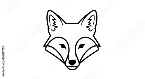 Minimalist black and white line art drawing of a fox's head, facing forward with clean, stylized features and a sleek design.