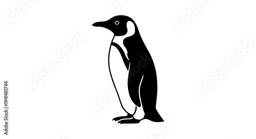 A black and white graphic illustration of a standing penguin.