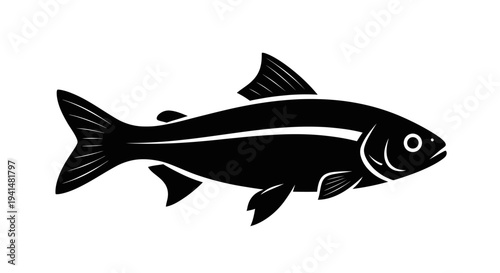 Black and white stylized illustration of a fish with a horizontal stripe, depicting its silhouette.