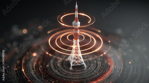 Telecommunication antenna tower emitting orange radio signal waves in concentric circles illustrates wireless communication technology. Broadcast infrastructure concept shows cellular network coverage