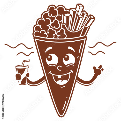 Happy Popcorn Cone Mascot Holding Drink  Fun Snack Illustration