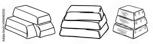 Stack of gold bullion bars set with black line art illustration design featuring gold bars, bullion, money with wealth and finance