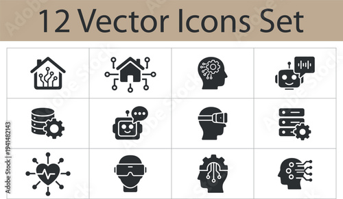 Smart home technology solid icons set. Collection of home automation, AI assistant, virtual reality, data server, chatbot, digital brain and IoT network symbols.