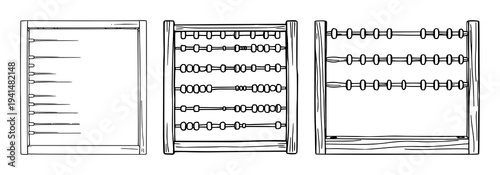 Abacus set with black line art on a wooden frame against a white background featuring abacus, wooden frame, line art with illustration and vector