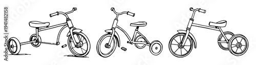 Tricycle set with antique toy design featuring black line art, vintage style, children's toys with retro aesthetic and classic illustration