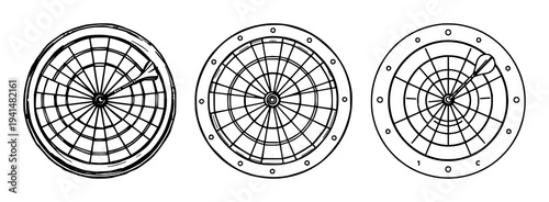 dartboard target set with black line art on white background featuring vintage, target, darts with retro style and minimalist illustration