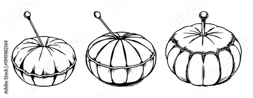 Pincushion set with black line art design featuring velvet, antique, needle with white background and silhouette on textured canvas