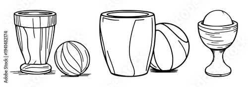 Traditional Japanese Kendama toy set with black line art and simple geometric design featuring wooden construction, string and ball with cultural toy and game