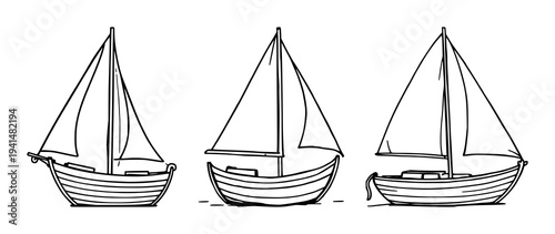 Antique toy sailboat set with black line art and white background featuring vintage, nautical, toy design with illustration and vector