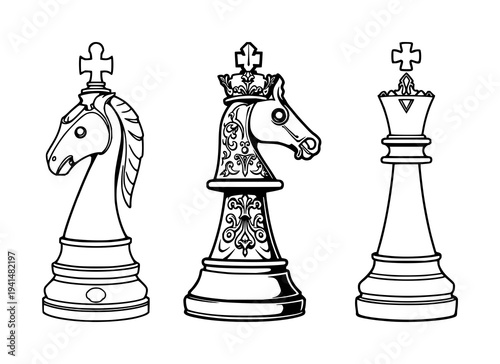 Chess knight set with black line art ornate design featuring detailed silhouette, minimalist, black with chess and knight and board game