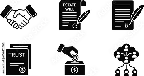 Several legal and financial document icons depict concepts of agreement, estate planning, trust funds, and charitable donation transactions.