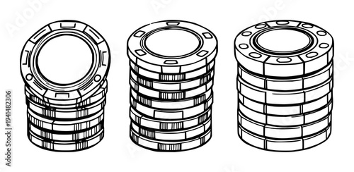 Ornate poker chip stack set with intricate black line art design featuring casino, gambling, game with money and betting