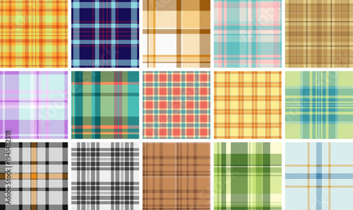 Plaid pattern pack created for labels and small craft projects. Coordinated tartan designs add charm and style. Vector precision ensures clarity.