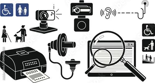 A set of accessibility and technology icons includes visual aids, security cameras, printing devices, and web search magnification tools.