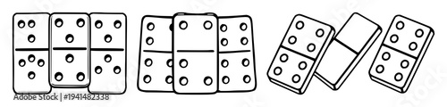 Dominoes set with black line art of three tiles on white background featuring minimalist, geometric, iconography with simple and outline