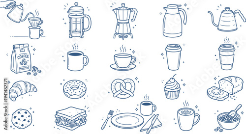 A collection of hand drawn coffee and breakfast food icons in a simple doodle style perfect for menus