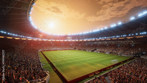 Wallpaper Mural Elevated Sunset Look of Soccer Stadium During Major Match Event. Aerial Views Reveal Packed Stands Surrounding Pitch. Thousands of Spectators on Arena for International Tournament. Cinematic Flyover 
 Torontodigital.ca