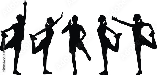 Group exercise silhouette, quadriceps stretch vector, fitness balance illustration, workout flexibility graphic, healthy lifestyle clipart, sports training design icon