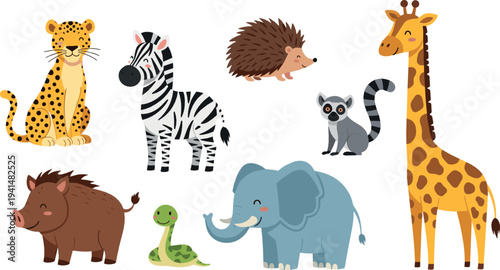 Cute wild safari animals vector set with leopard, zebra, hedgehog, lemur, giraffe, elephant, snake and boar cartoon illustration