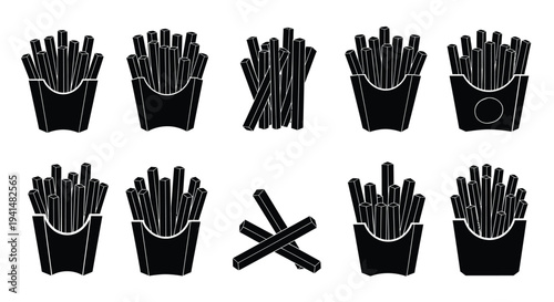 Arrangement of french fry containers in various poses a black silhouette