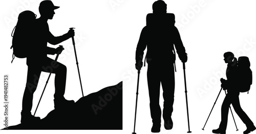 Hiking adventure silhouette, outdoor trekking vector, mountain climbing illustration, backpack travel graphic, wilderness exploration clipart, nature activity design icon