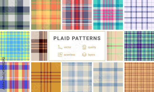 Halloween plaid pattern set optimized for posters. Strong tartan rhythm attracts attention in seasonal displays. Vector scalability enables size freedom.