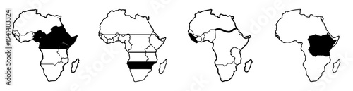 Four different outline maps of Africa, with each map displaying specific regions