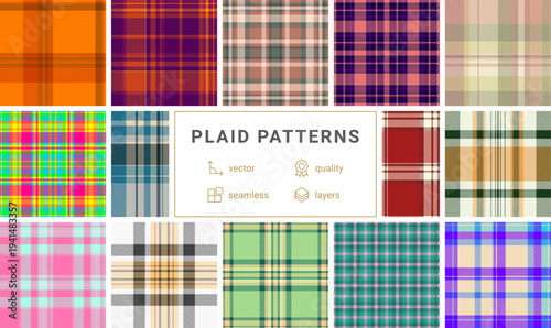 Plaid pattern pack for printable fabric designs. Suitable for dresses, skirts, blouses, and sewing projects. Seamless vectors maintain alignment.