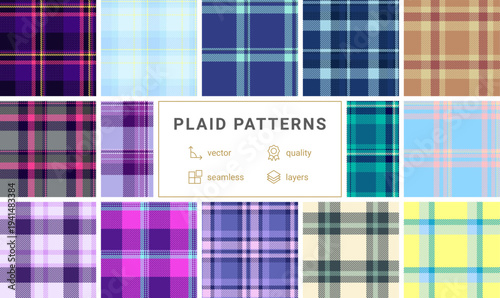 High contrast plaid pack advertising visuals. Bold tartan geometry grabs attention. Vector scalability enables size freedom.