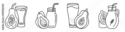 A line art drawing of different styles of fresh papaya juice