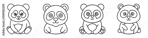 Adorable panda bear outline collection, different cartoon panda faces illustration