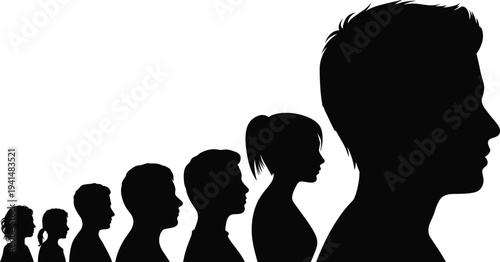 Human growth silhouette, age progression vector, child to adult illustration, development stages graphic, life cycle clipart, anatomy profile design icon