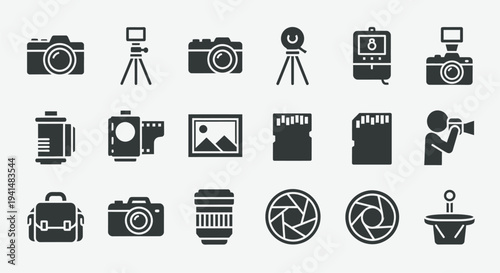 Collection of black camera and photography equipment icons a graphic silhouette